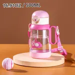 500ML/16.91OZ Cute Cartoon Pattern Kids Straw Water Bottle Plastic Portable and Detachable Straws Water Bottle with Lanyard Pink