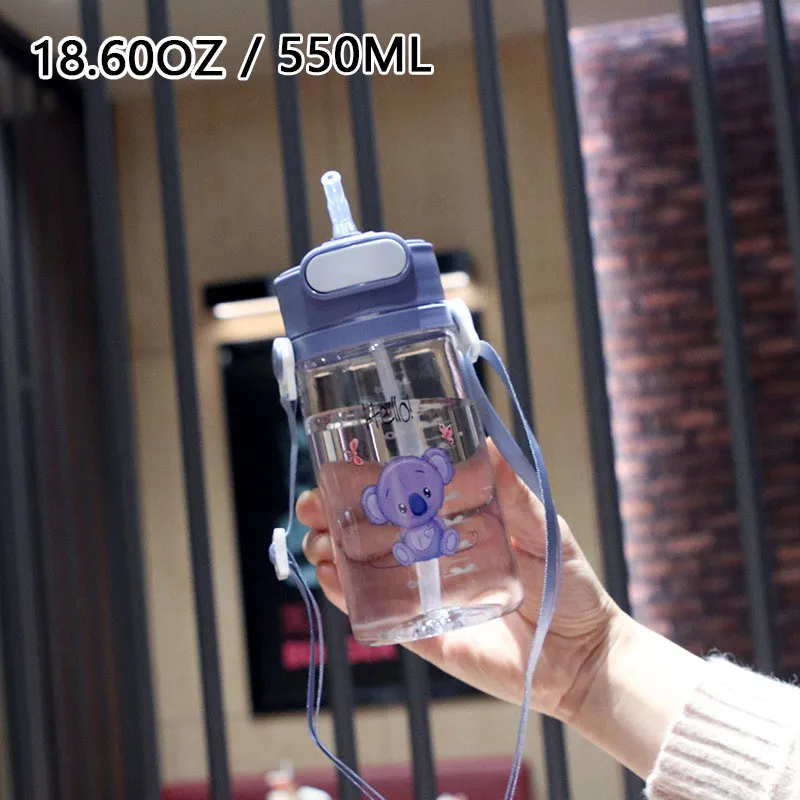 550ML/18.6OZ Cute Cartoon Pattern Kids Straw Water Bottle Plastic Portable Silicone Straight Drinking Straws Cup with Scale and Personalized Handle Light Blue