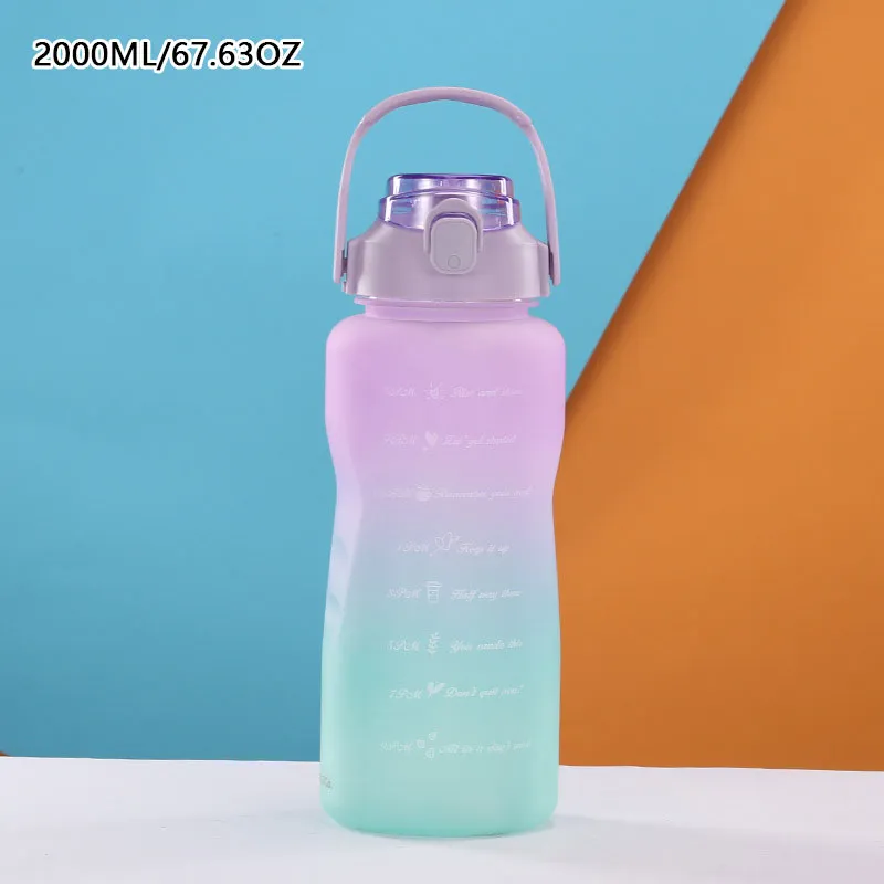 2000ML/67.64OZ Gradient Frosted Straw Water Bottle Large Capacity Adult Sports Bottle Outdoor Portable Water Cup Light Purple