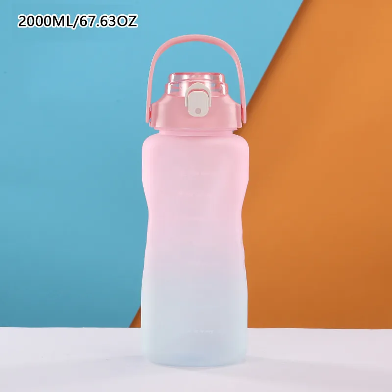 2000ML/67.64OZ Gradient Frosted Straw Water Bottle Large Capacity Adult Sports Bottle Outdoor Portable Water Cup Pink