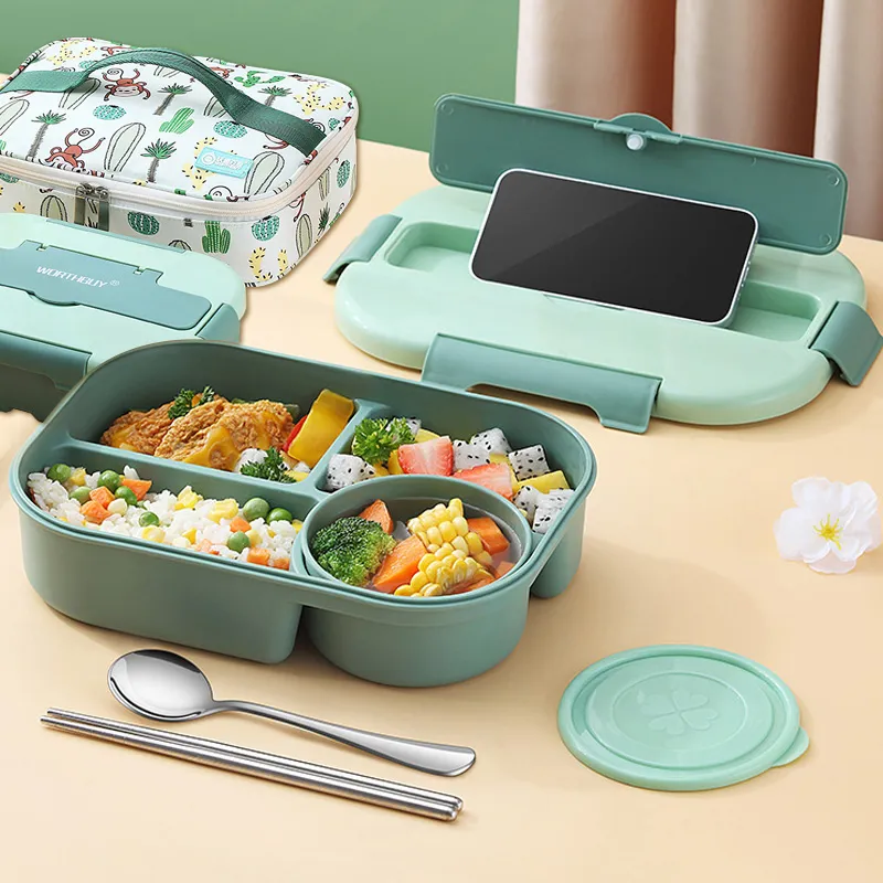 Bento Box Kit, scatola da pranzo giapponese in plastica per microonde Scomparto 4 in 1 per studente impiegato (con zuppa e borsa per il pranzo) big image 2