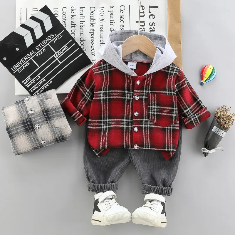 2-piece Toddler Girl/Boy Button Deign Plaid Hoodie and Elasticized Solid Gray Corduroy Pants Set Red big image 1