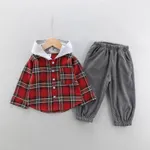 2-piece Toddler Girl/Boy Button Deign Plaid Hoodie and Elasticized Solid Gray Corduroy Pants Set Red image 2