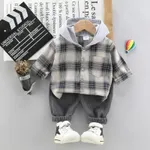 2-piece Toddler Girl/Boy Button Deign Plaid Hoodie and Elasticized Solid Gray Corduroy Pants Set Grey