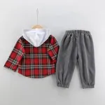2-piece Toddler Girl/Boy Button Deign Plaid Hoodie and Elasticized Solid Gray Corduroy Pants Set Red image 3