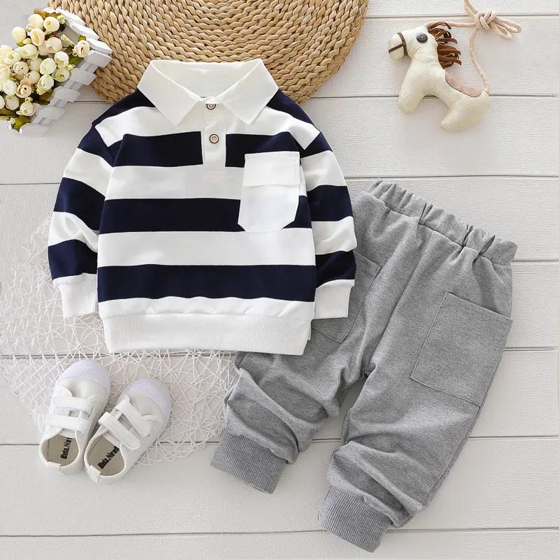 2-piece Toddler Boy Stripe Polo shirt and Grey Pants Set Dark Blue big image 1