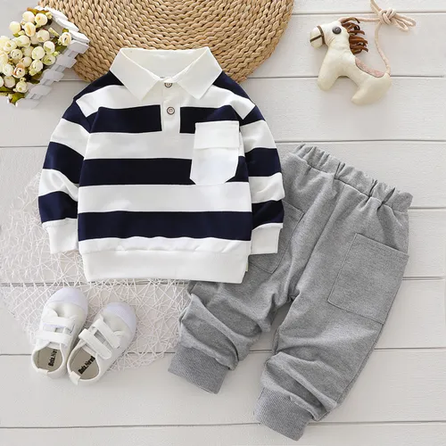 2-piece Toddler Boy Stripe Polo shirt and Grey Pants Set