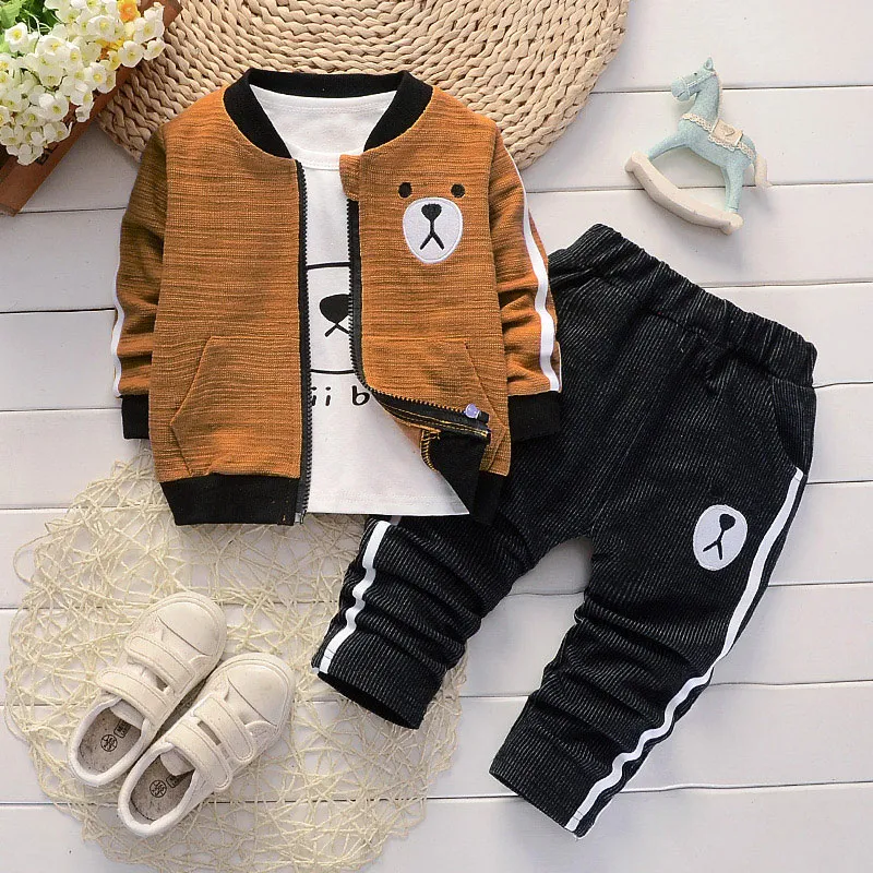 3-piece Toddler Boy Letter Bear Print White Long-sleeve T-shirt, Bomber Jacket and Elasticized Pants Set