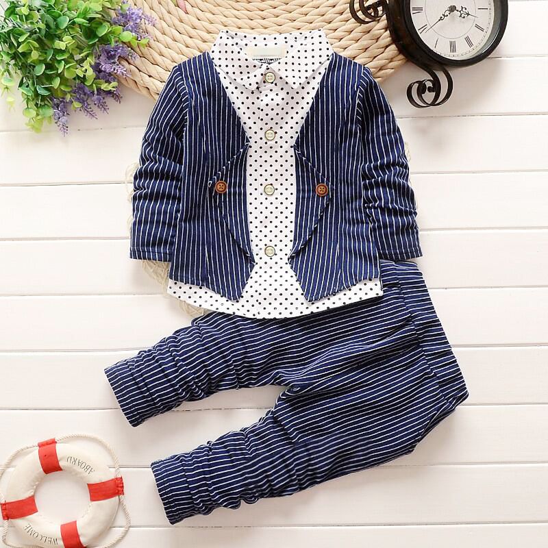 

2pcs Toddler Boy Gentleman Suit, Faux-two Polka dots Stripe Shirt and Pants Set