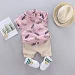 2pcs Baby Boy 95% Cotton Short-sleeve All Over Feather Print Button Up Shirt and Solid Shorts Set Pink
