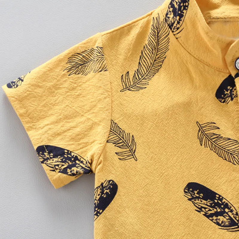2pcs Baby Boy 95% Cotton Short-sleeve All Over Feather Print Button Up Shirt and Solid Shorts Set Yellow big image 1