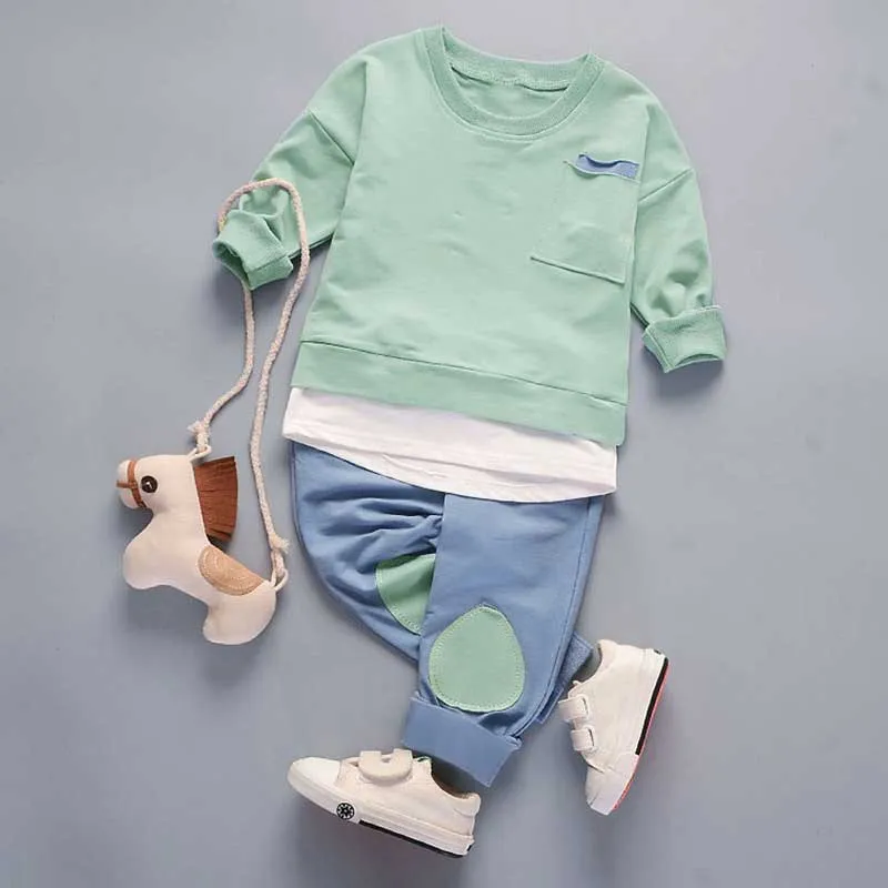 2-piece Toddler Girl/Boy Letter Print Faux-two Pullover and Patchwork Pants Set Green big image 1