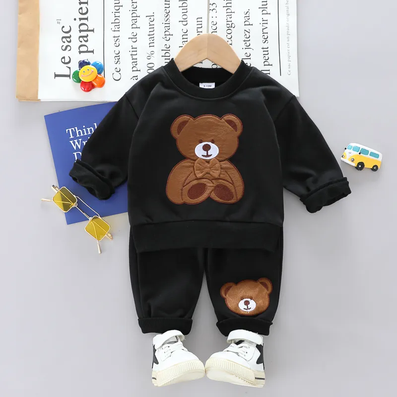 2pcs Baby Boy/Girl Bear Embroidered Black Long-sleeve Sweatshirt and Sweatpants Set  big image 1