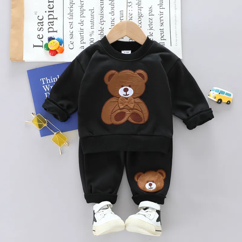2pcs Baby Boy/Girl Bear Embroidered Black Long-sleeve Sweatshirt and Sweatpants Set Black big image 1