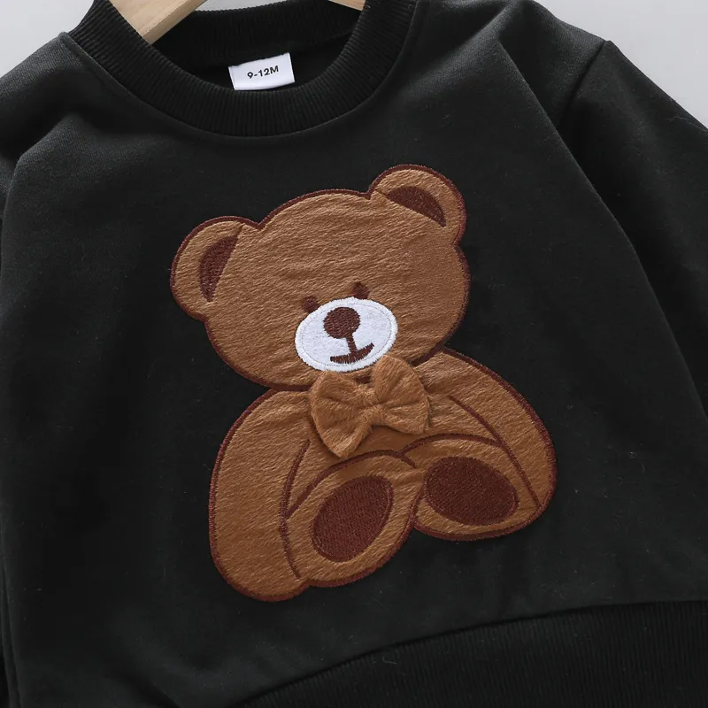 2pcs Baby Boy/Girl Bear Embroidered Black Long-sleeve Sweatshirt and Sweatpants Set Black image 4