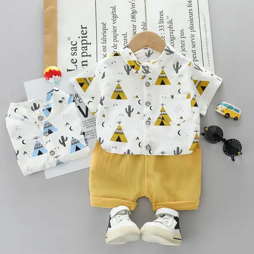 2pcs Toddler Boy Casual Pyramid Cactus Print Shirt and Shorts Set