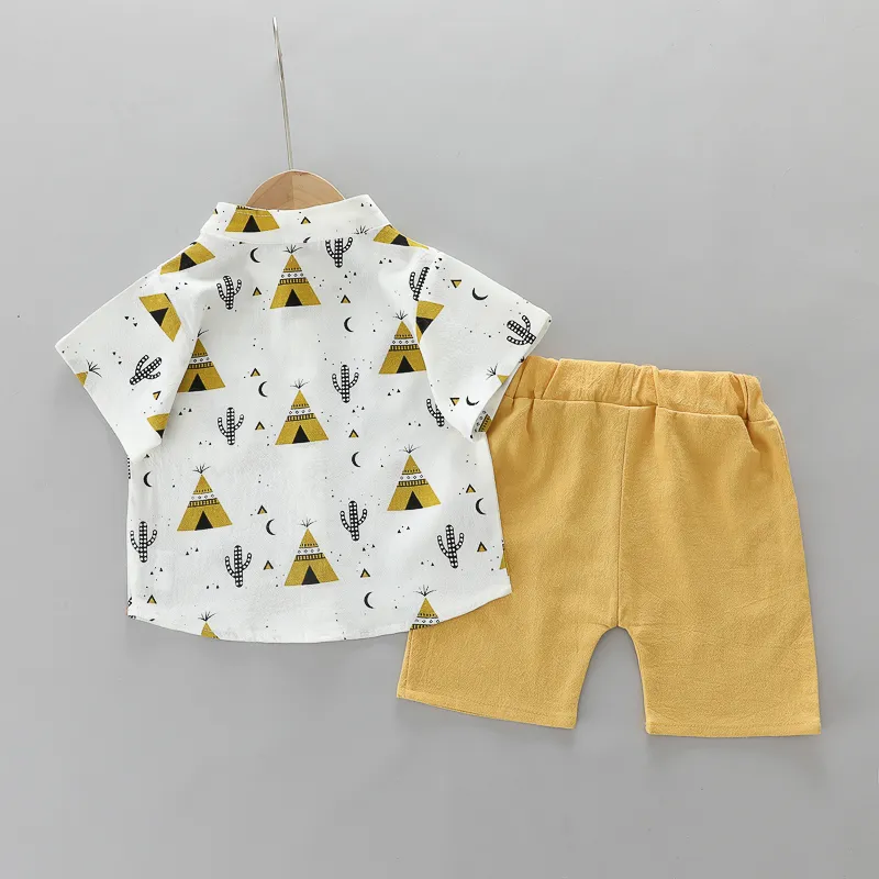 2pcs Toddler Boy Casual Pyramid Cactus Print Shirt and Shorts Set Yellow big image 1