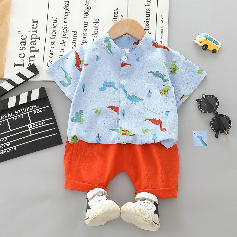 2pcs Toddler Boy Playful Dinosaur Print Shirt And Shorts Set