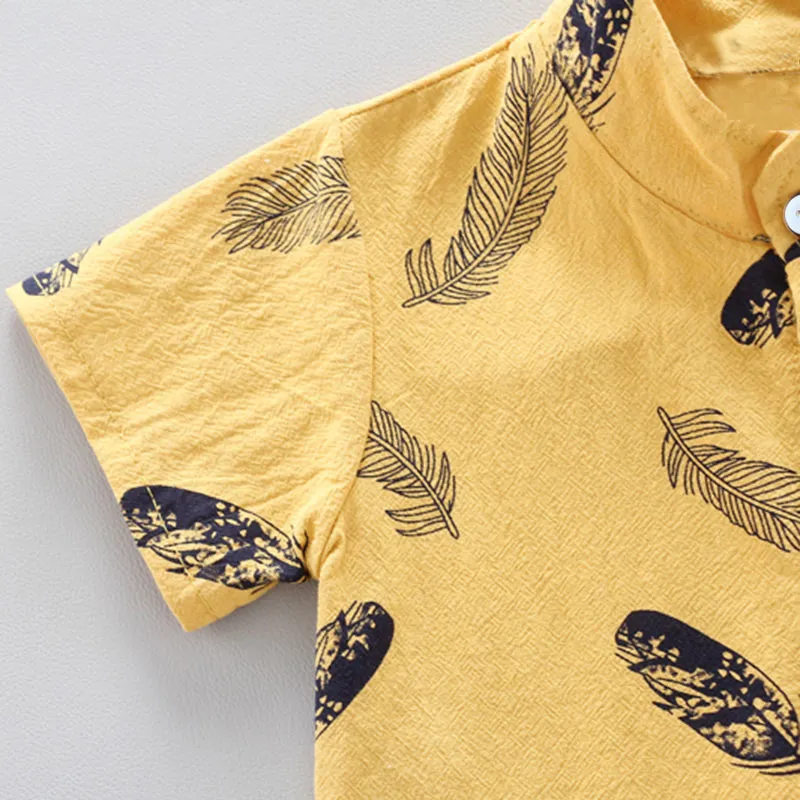 2pcs Toddler Boy Vacation Feather Print Shirt and Shorts Set Yellow big image 1