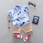 2pcs Toddler Boy Vacation Feather Print Shirt and Shorts Set Blue