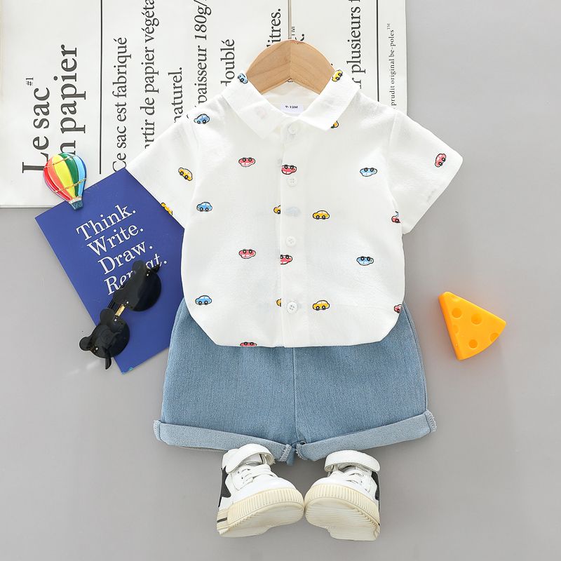 

2pcs Baby Boy 100% Cotton Allover Car Print Short-sleeve Shirt and Denim Shorts Set