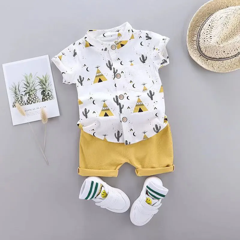 2pcs Baby Boy 95% Cotton Short-sleeve All Over Cactus Print Button Up Shirt and Solid Shorts Set Yellow big image 1