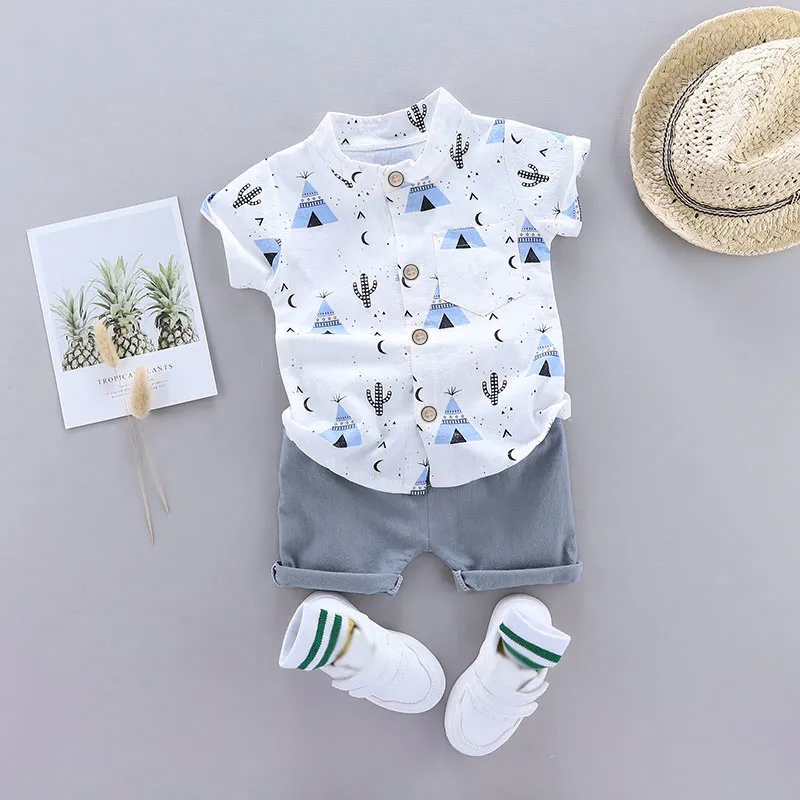 2pcs Baby Boy 95% Cotton Short-sleeve All Over Cactus Print Button Up Shirt and Solid Shorts Set Blue