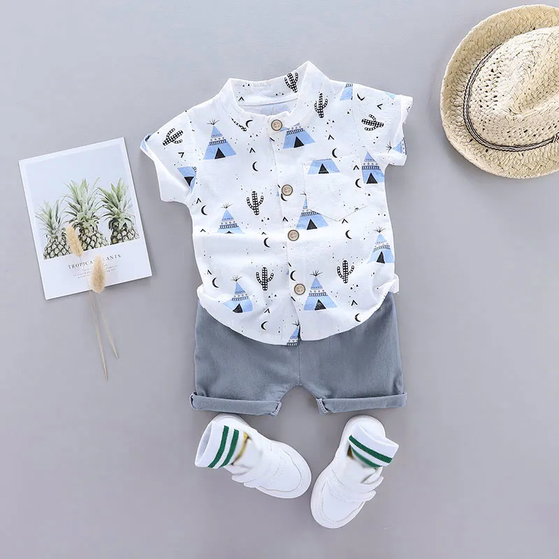 2pcs Baby Boy 95% Cotton Short-sleeve All Over Cactus Print Button Up Shirt and Solid Shorts Set Blue big image 1