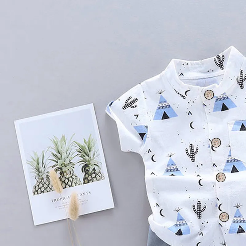 2pcs Baby Boy 95% Cotton Short-sleeve All Over Cactus Print Button Up Shirt and Solid Shorts Set Blue big image 1
