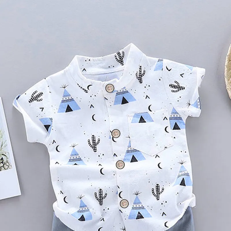2 قطعة طفل رضيع 95٪ قطن قصير الأكمام في جميع أنحاء قميص بأزرار طباعة الصبار ومجموعة شورت متين أزرق big image 1