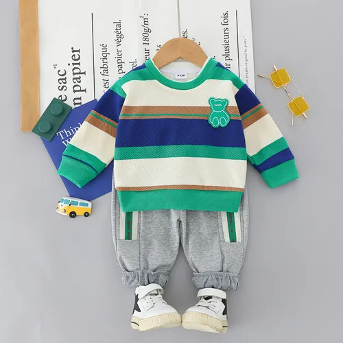 2pcs Baby Boy Stripe Bear Patch Longsleeve Set