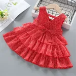 Dots or Floral Print Flounce Layered Sleeveless Baby Dress Red