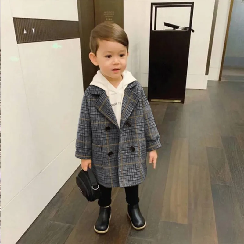 Toddler Girl/Boy Plaid Double Breasted Coat Grey big image 1