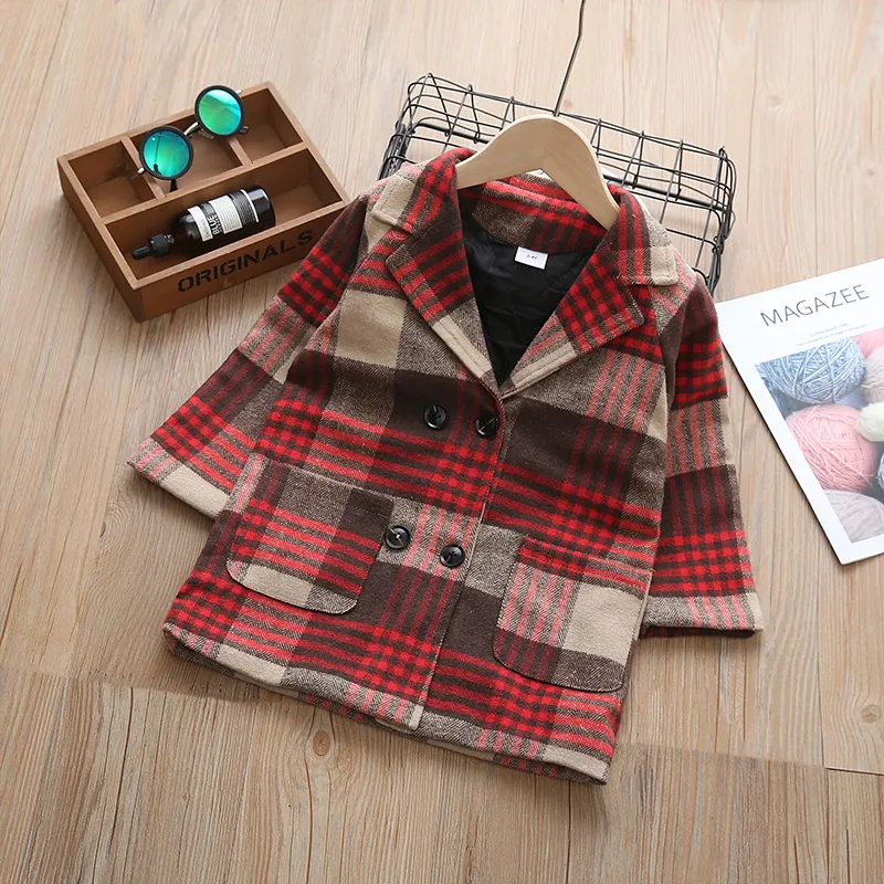 Toddler Girl/Boy Plaid Double Breasted Coat Red big image 1