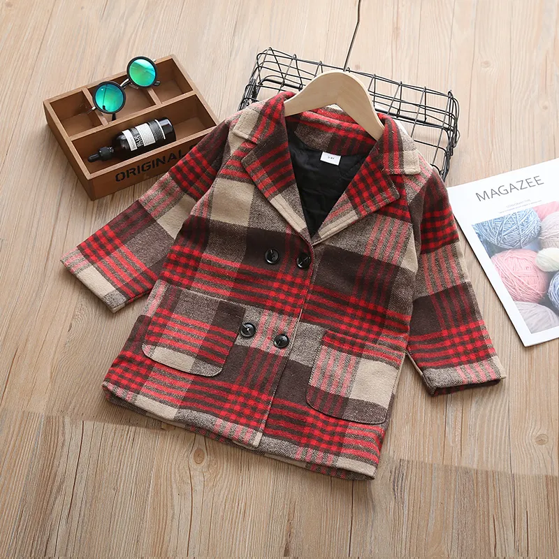 Toddler Girl/Boy Plaid Double Breasted Coat Red big image 1