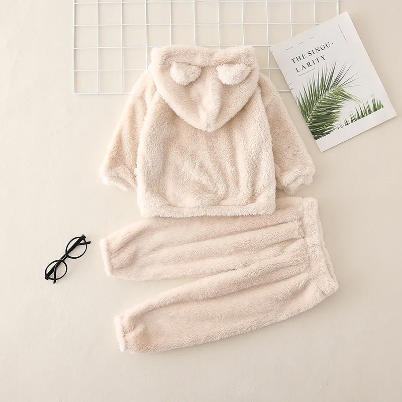 2-piece Toddler Girl/Boy Ear Design Fuzzy Hoodie Sweatshirt and Pants big image 2