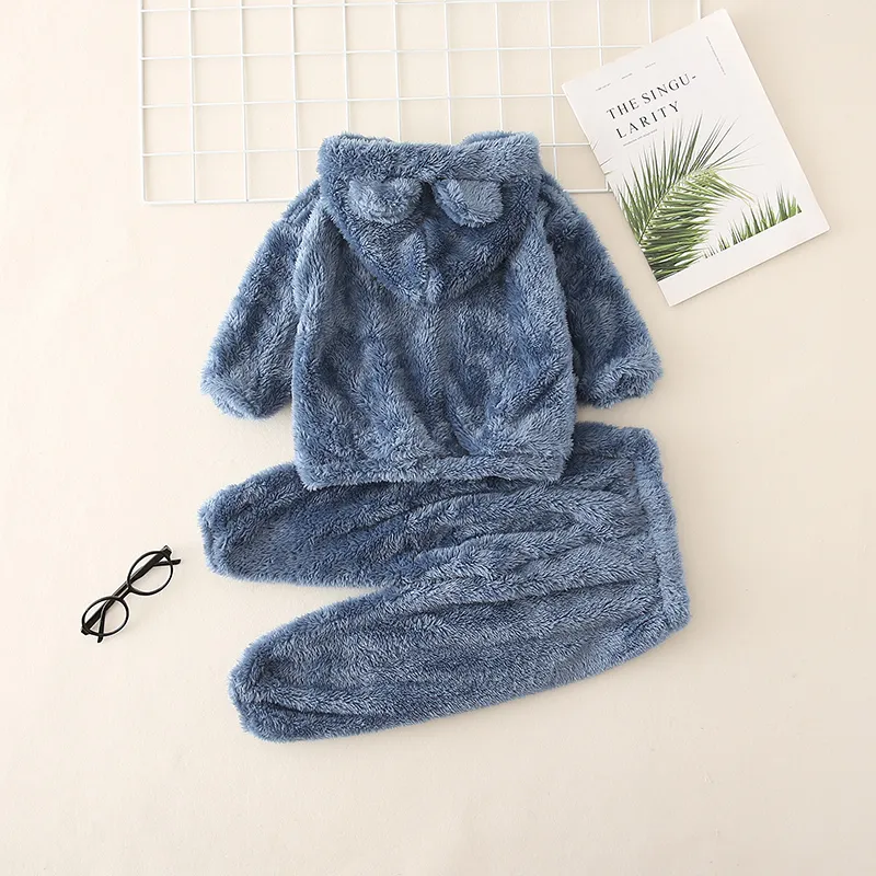 2-piece Toddler Girl/Boy Ear Design Fuzzy Hoodie Sweatshirt and Pants Blue big image 1