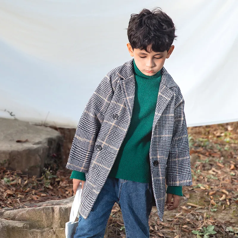 طفلة صغيرة / صبي معطف مزدوج الصدر منقوش اللون الرمادي big image 1