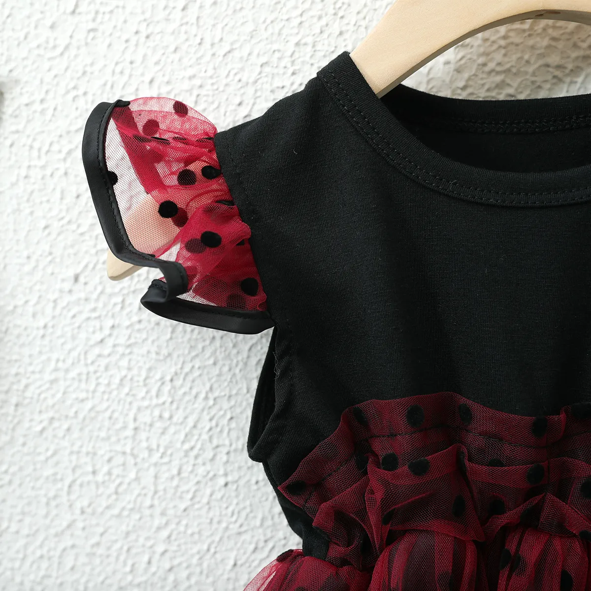 Toddler Girl Polka dots Flutter-sleeve Mesh Splice Dress Burgundy big image 1