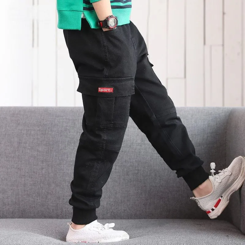 Kid Boy Casual Pocket Design Cotton Cargo Pants Black big image 1