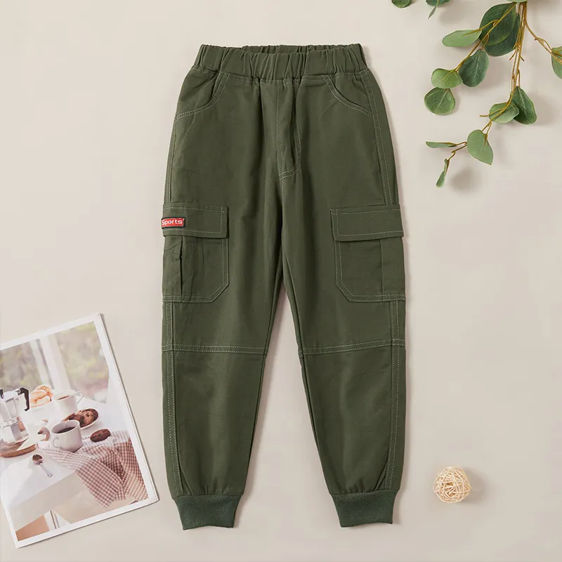 calça cargo de algodão com design de bolso casual para menino Exército Verde big image 1