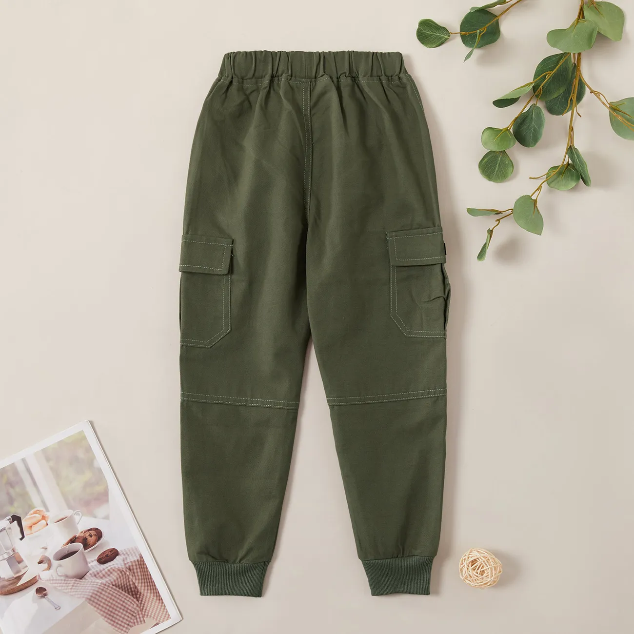 pantalon cargo en coton à poche décontractée pour garçon Armée Verte big image 1