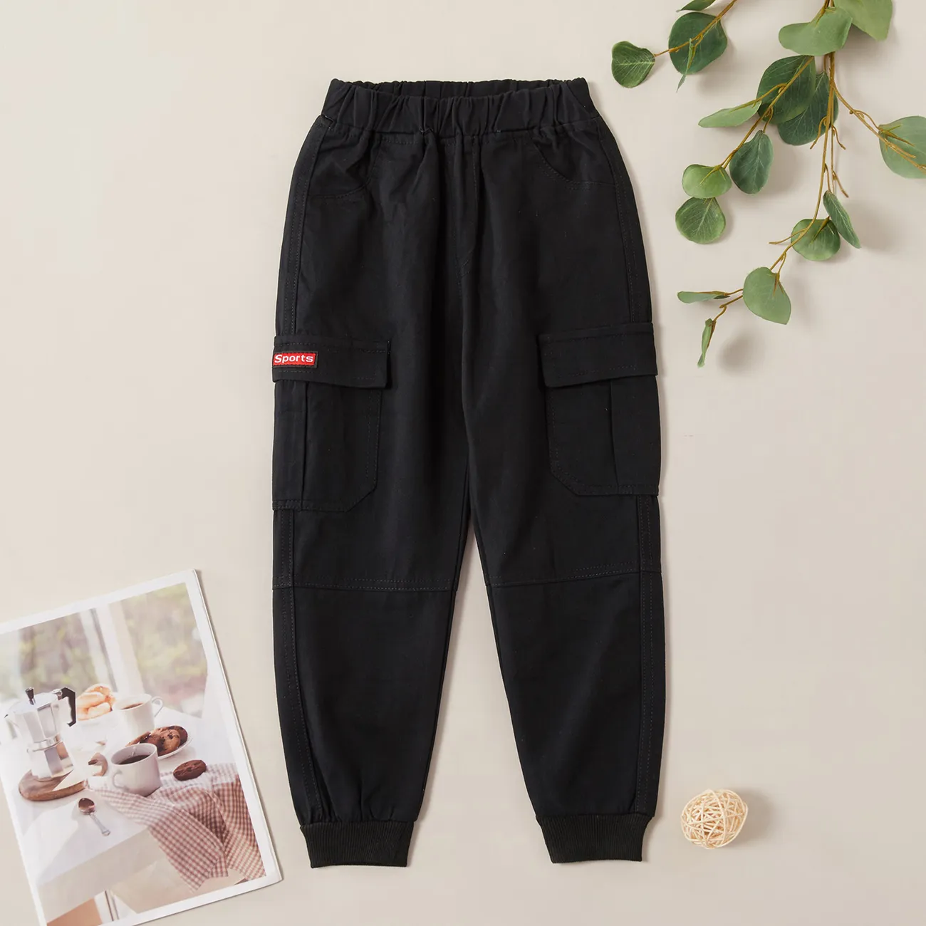 Kid Boy Casual Pocket Design Cotton Cargo Pants Black big image 1