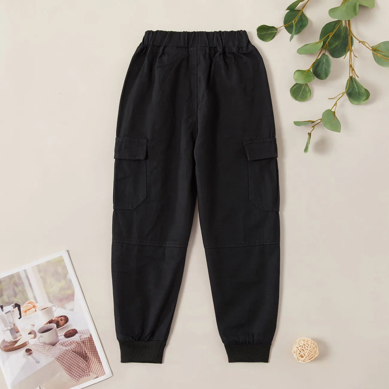 pantalones cargo de algodón con diseño de bolsillo casual para niños Negro big image 1