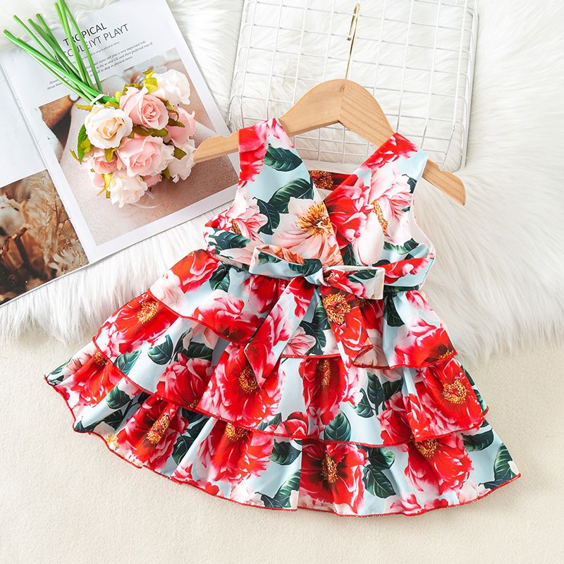

Baby Girl Allover Floral Print Sleeveless Belted Layered Dress