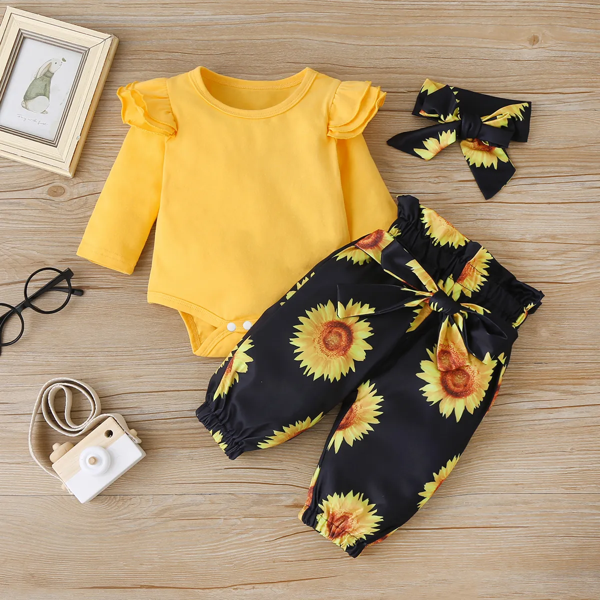 3pcs Baby Girl 95% Cotton Ruffle Long-sleeve Romper and Sunflower Floral Print Pants with Headband Set Yellow big image 1