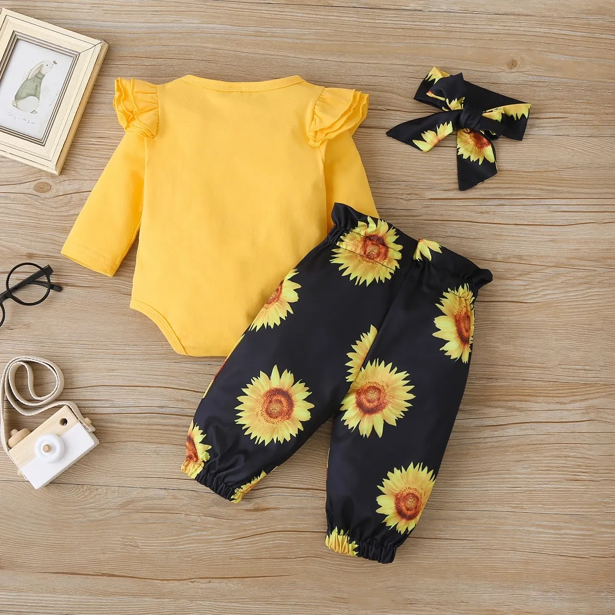 3pcs Baby Girl 95% Cotton Ruffle Long-sleeve Romper and Sunflower Floral Print Pants with Headband Set Yellow image 2