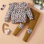 2-piece Toddler Girl Leopard Print Flutter Long-sleeve Top and Heart Pattern Pants Set Brown