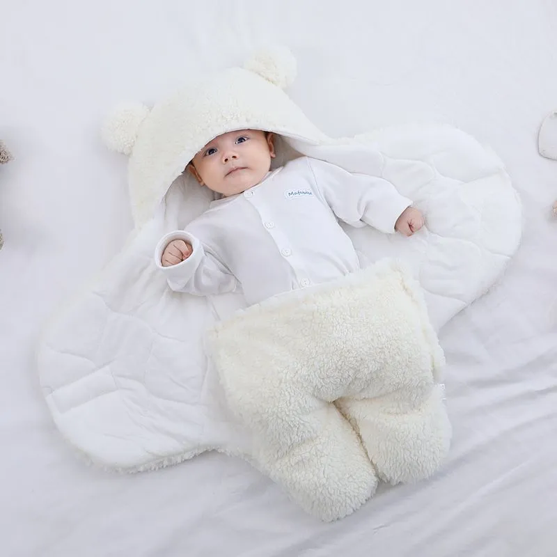 嬰兒冬季棉質毛絨連帽繈褓 白色 big image 1