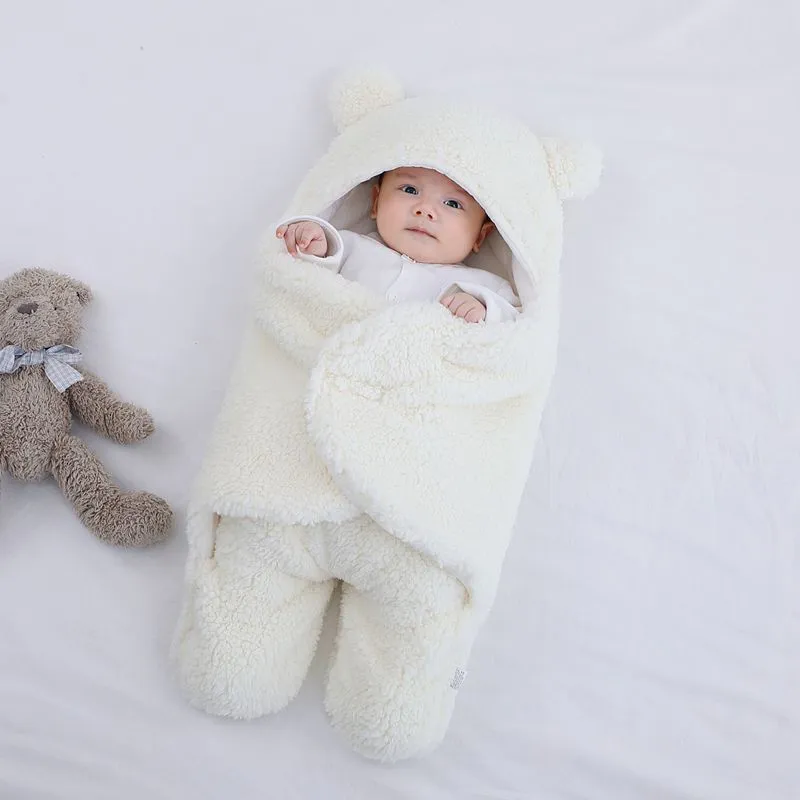嬰兒冬季棉質毛絨連帽繈褓 白色 big image 1